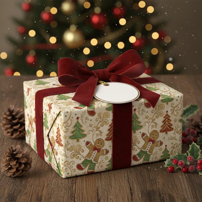 Papel De Presente Vintage Gingerbird Man & Christmas Trees (Criador carregado)