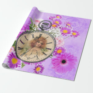 Papel De Presente Vintage Girl Clock Assista Purple Floral Giftwrap