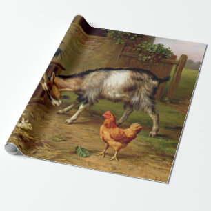 Papel De Presente Vintage Goats Rooster And Chickens Farm Animais