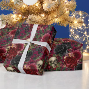 Papel De Presente Vintage Gótica Crânio e Rosas Vermelho e Preto