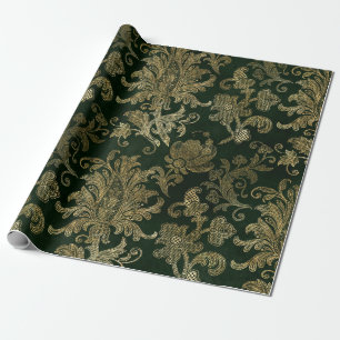 Papel De Presente Vintage Green e Dourada Faux Floral de Natal Velve