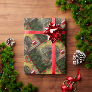 Papel De Presente Vintage Green Trator Barn, Papo de Natal