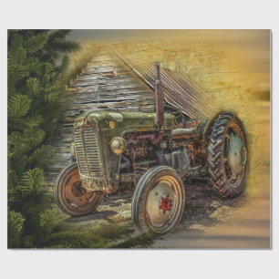 Papel De Presente Vintage Green Trator Rustic Old Barn