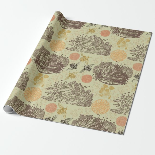 Papel De Presente Vintage Honey Bumblebee Sage (Desenrolado)