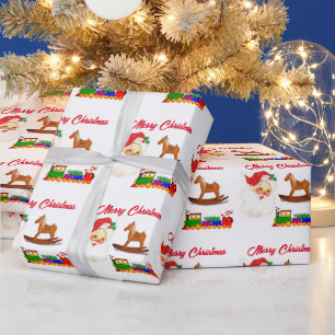 Papel De Presente Vintage Kids Papai Noel Trem e Cavalo de Balanço