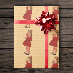 Papel De Presente Vintage Little Girl Red Dress Apple