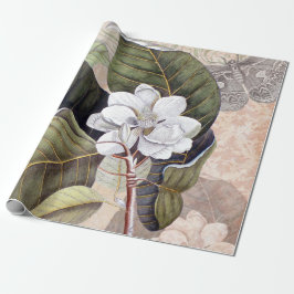 Papel De Presente Vintage Magnolia Elegante Colagem Botânica