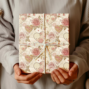 Papel De Presente Vintage Marfim Borgonha Corações franzidos Rosas R