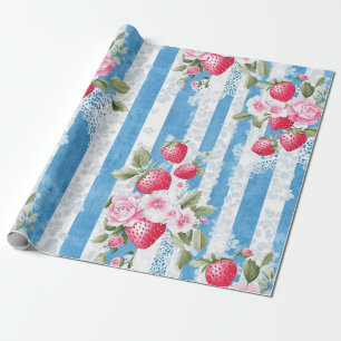 Papel De Presente Vintage Morangos e Blooms em Bandas Azuis