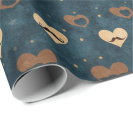 Papel De Presente Vintage Mustache Heart Pattern on Denim Blue