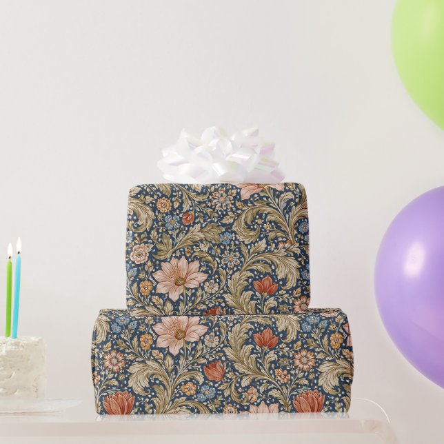 Papel De Presente Vintage Navy Blue Floral (Presentes para festas)