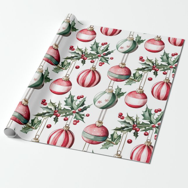 Papel De Presente Vintage Ornaments Holly Christmas (Desenrolado)