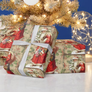 Papel De Presente Vintage Papai Noel com Brinquedos e Árvore de Nata