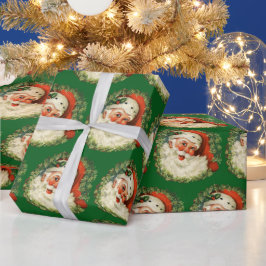Papel De Presente Vintage Papai Noel com Pine Wreath Pattern