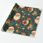 Papel De Presente "Vintage Papais noeis & Reindeer Christmas<br><div class="desc">Um padrão de papel de embrulho de Natal inspirado na safra, com um Papai Noel clássico, com uma expressão alegre, cercado por elementos festivos. A design inclui renas com grandes galhadas, enfeites de ouro, presentes envoltos e galhos cada vez verdes colocados contra um fundo de terra escura com estrelas dispersas,...</div>