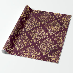 Papel De Presente Vintage Paris Burgundy e Dourado Damask