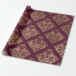 Papel De Presente Vintage Paris Burgundy Red e Dourado Damask