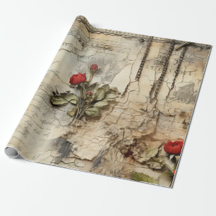 Papel De Presente Vintage - Pergaminho - Carta de Amor com Flores (1