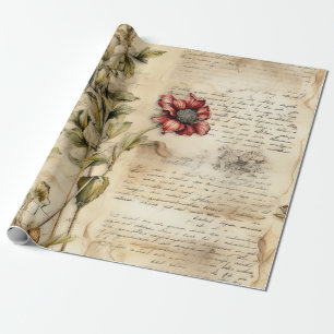 Papel De Presente Vintage - Pergaminho - Carta de Amor com Flores (1