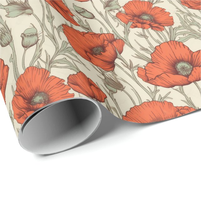 Papel De Presente Vintage Poppy Flowers (Ponta do rolo)