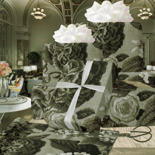 Papel De Presente Vintage preto Toile floral botânico da verde
