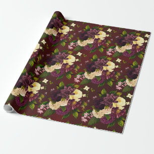 Papel De Presente Vintage red burgundy maroon Winter dramated floral