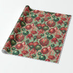 Papel De Presente Vintage Red Christmas Baubles Sage<br><div class="desc">Enfeites de natal vitorianos do estilo Vintage em fundo de sábio para o presente de Natal clássico.</div>