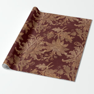Papel De Presente Vintage Red e Dourada Faux Floral Christmas Velvet