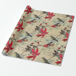 Papel De Presente Vintage Red Poinsettia Birds Script Christmas