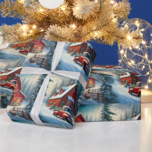Papel De Presente Vintage Red Truck e Red Barn Natal