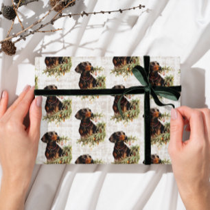 Papel De Presente Vintage Retro Dachshund Dog Natal Russo