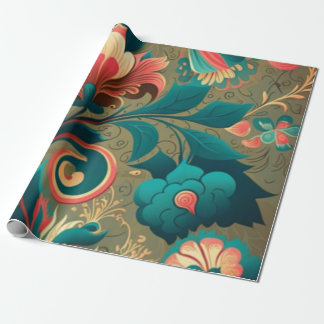 Papel De Presente Vintage retro design floral verde