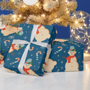 Papel De Presente Vintage Retro Snowman e Candy Cane Blue