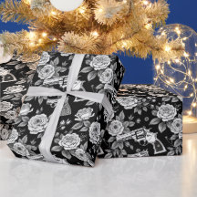 Vintage Revolver Ilustração Floral Preta Branca