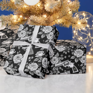 Papel De Presente Vintage Revolver Ilustração Floral Preta Branca