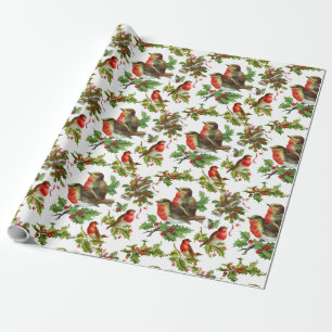 Papel De Presente Vintage Robin Bird Holly Berries inverno