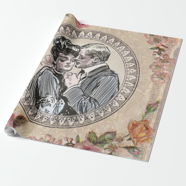 Papel De Presente Vintage Romance Casal: Antigos Rosas Apaixonados G (Desenrolado)
