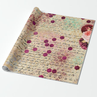 Papel De Presente Vintage Romântica Bee Floral Burgundy Dourada