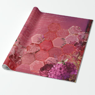 Papel De Presente Vintage Romântica Bee Floral Burgundy Dourada