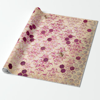 Papel De Presente Vintage Romântico Damask Bee Burgundy Dourado
