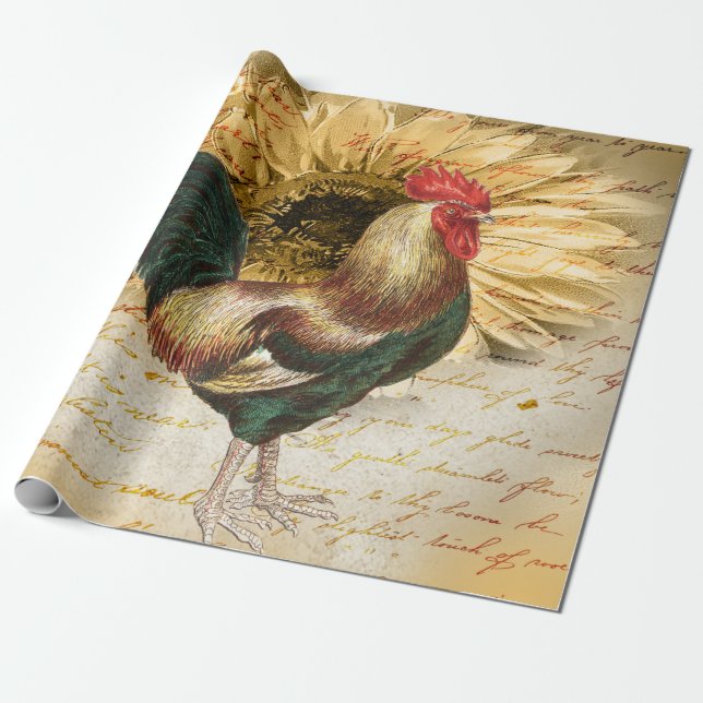 Papel De Presente Vintage Rooster Ephemera Decoupage (Desenrolado)