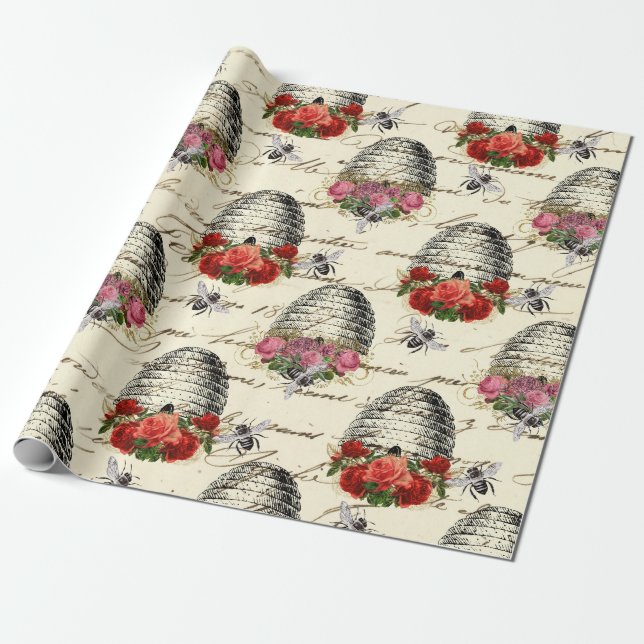 Papel De Presente Vintage Rosa e Beehive (Desenrolado)