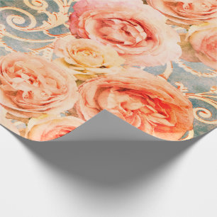 Papel De Presente Vintage - Rosa Floral - Pêssego Coral