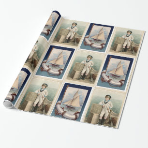 PAPEL DE PRESENTE VINTAGE SAILOR BOY, SAILBOAT, ANCHOR E LIFEBELT