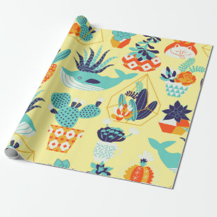 Papel De Presente Vintage sem soldadura com suculentes e cactu