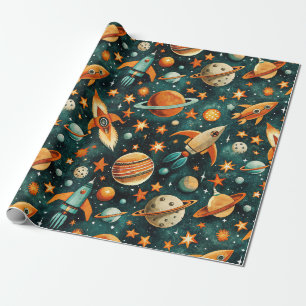 Papel De Presente Vintage Spacecraft Rocket ships Pattern - Cosmos(3