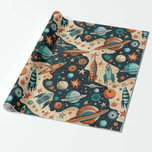 Papel De Presente Vintage Spacecraft Rocket ships Pattern - Cosmos(4