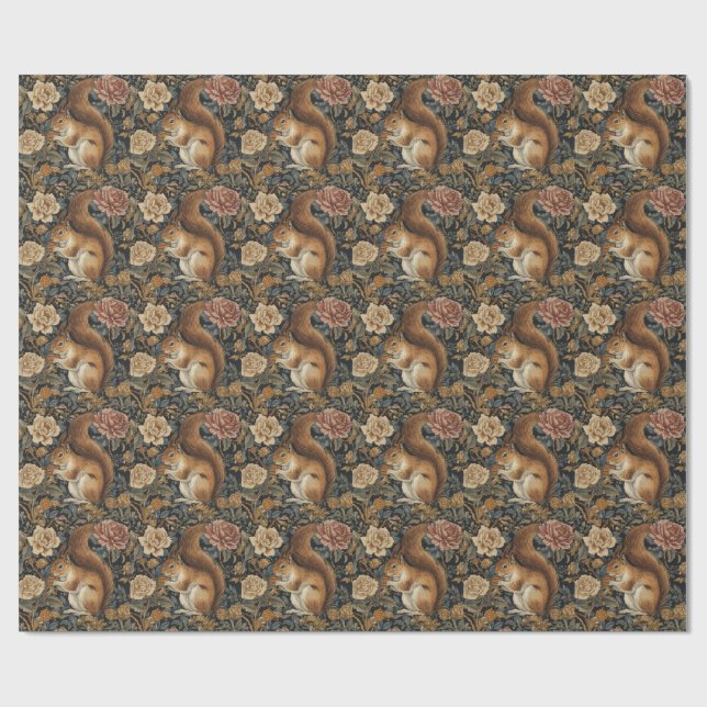 Papel De Presente Vintage Squirrel and Flowers Pattern (Aberto)