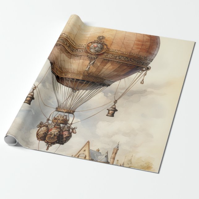 Papel De Presente Vintage Steampunk Hot Air Balloon (Desenrolado)