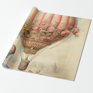 Papel De Presente Vintage Steampunk Pink Floral Hot Air Balloon